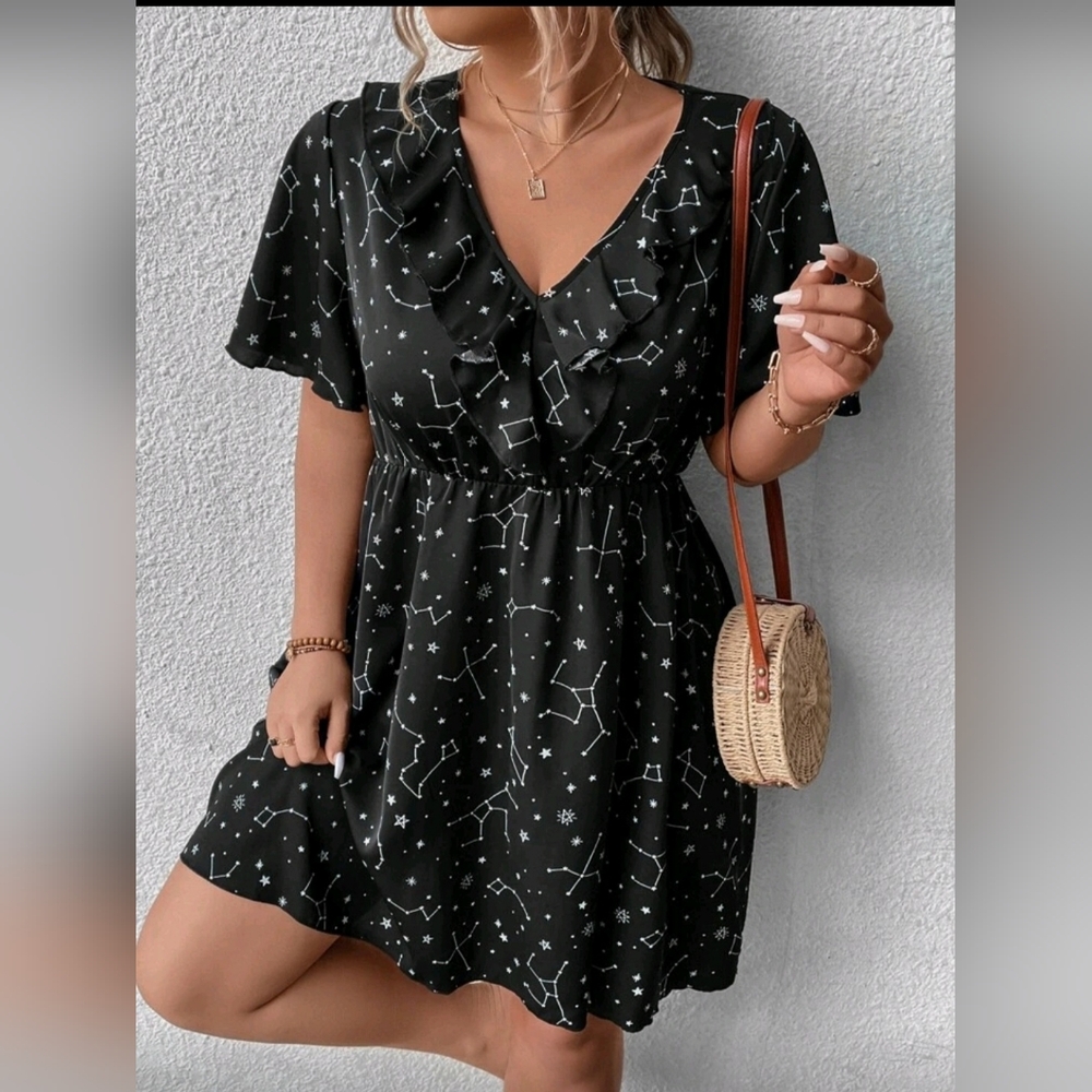 Black Constellation Print Ruffle Trim Dress. 3X(18)